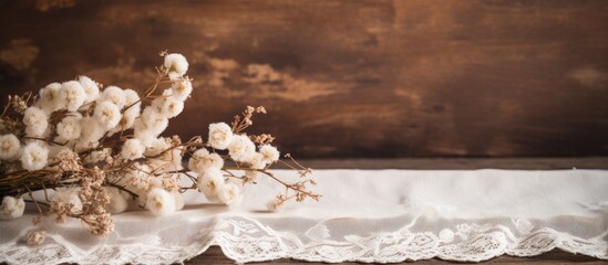 Fabric background with cotton lace and wooden supplies providing a perfect copy space image for text or banners