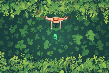 Smart farming applications with drone technology for efficient vegetable growing, garden care, green horticulture, field illustration, and water management in modern agriculture