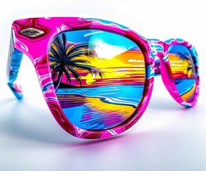 Colorful sunglasses with a vibrant beach reflection of a sunset, palm tree, and ocean waves, perfect for summer vibes. isolated on white background