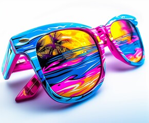 Colorful sunglasses with tropical beach reflection in lenses, showcasing vibrant summer vibes and vacation feel. isolated on white background.