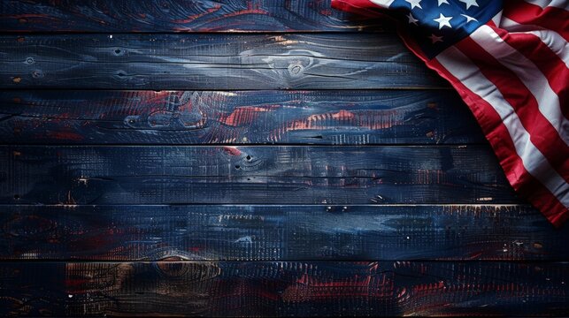 Vibrant American Flag Draped Over Dark Wooden Texture - Patriotic Background. copy space concept independence day