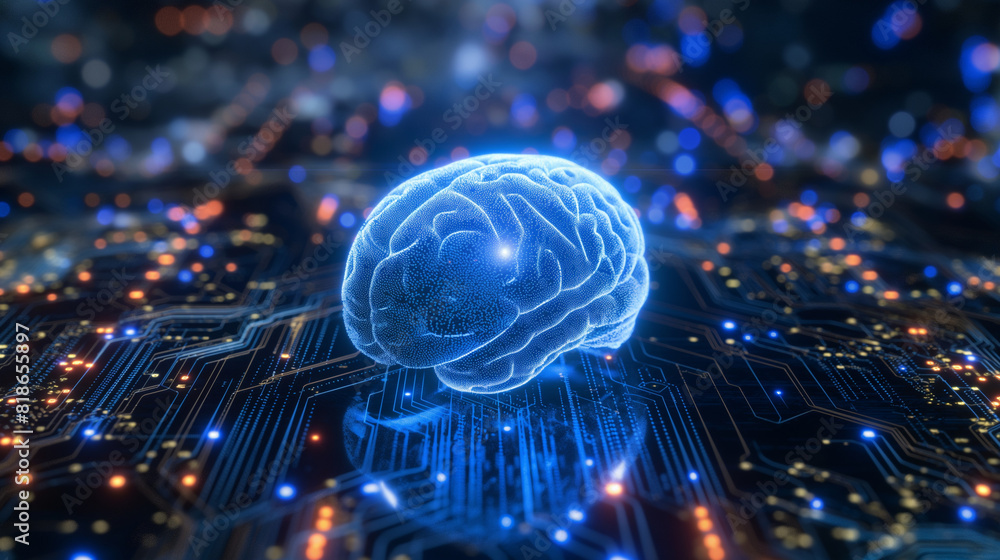 Poster artificial intelligence brain with circuit and semiconductor on technology background.