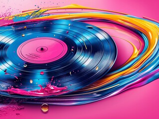 Creative abstract vinyl record with colorful paint splashes on a vibrant pink background, representing music and art fusion.