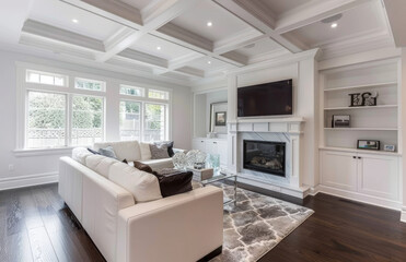 A photo of the interior design of a heritage home's living room, with white walls and ceiling featuring coffered beams. Builtin cabinets flank each side of the fireplace. Created with Ai