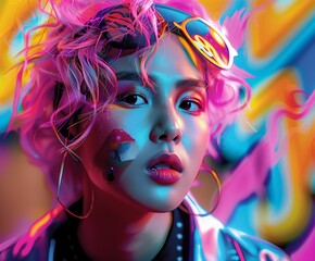 Fototapeta premium A dynamic and vibrant portrait of a young woman with bright, colorful hair and reflective sunglasses, set against a neon-lit graffiti background. Digital art.