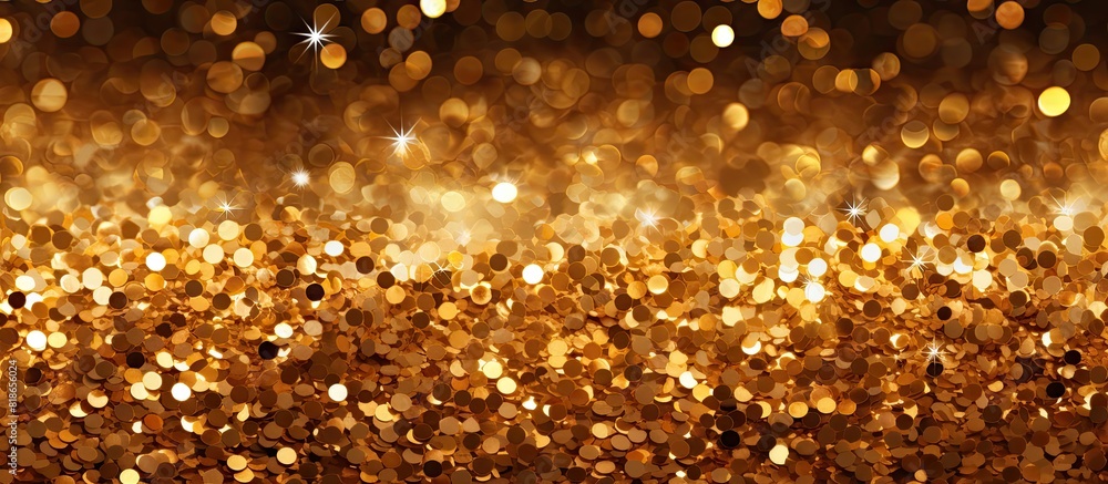 Poster Closeup of a festive sparkling sequins background with a gold glitter texture in the image s copy space