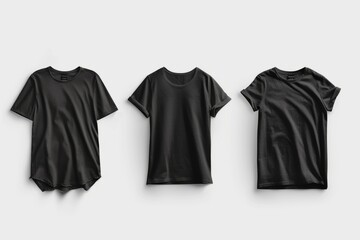 Three black sleeveless tee mockups displayed in front, back, and side views hanging on a wall