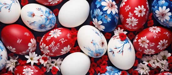 An Easter themed copy space image featuring white eggs adorned with a delightful red and blue...