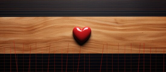 A top down view of a cardiogram with a small red heart placed on a table surface forms the backdrop leaving ample space for additional images or text