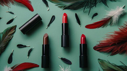 Lipsticks and beautiful feathers on green background -