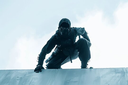 A man skillfully snowboarding on top of a ramp in a snowy setting