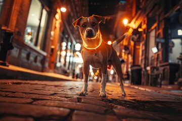 A dog with a glowing collar stands confidently on a city street at night