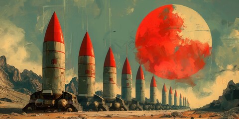 Row of rockets on alien planet with red moon. Futuristic, sci-fi scene with extraterrestrial landscape and dramatic space scenery.