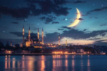 A crescent moon hangs in the night sky above a city with an illuminated mosque, creating a...