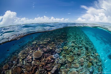 A panoramic view of a vibrant coral reef in the ocean, showcasing a diverse ecosystem teeming with marine life