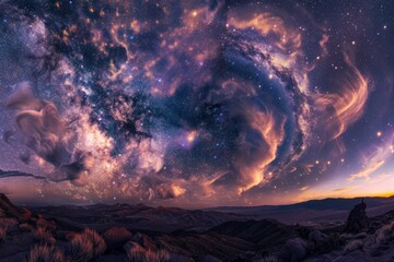A panoramic view of the night sky filled with stars and wispy clouds floating elegantly