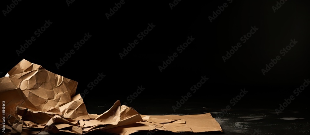 Poster An image displaying a damaged piece of cardboard placed against a dark backdrop providing an empty space for potential use. with copy space image. Place for adding text or design