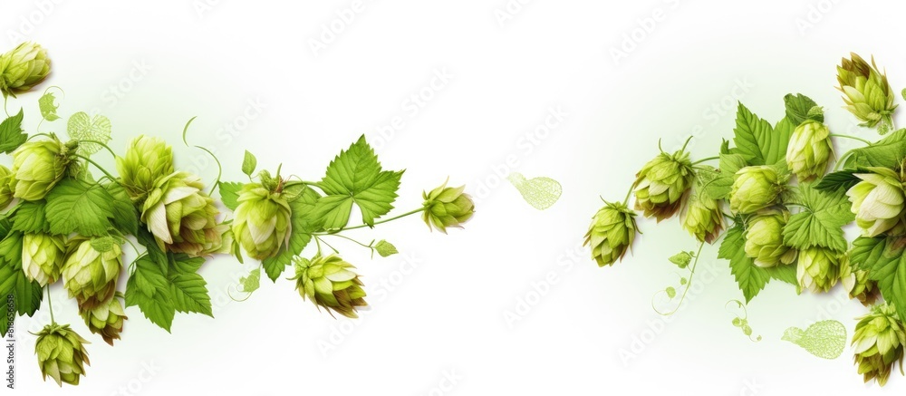 Poster Isolated on a white background a frame adorned with fresh hop branches creates a captivating copy space image