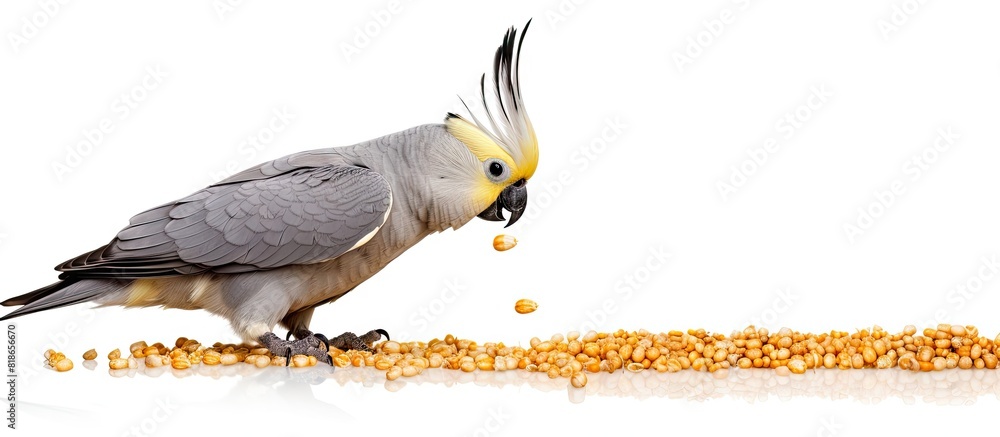 Aufkleber a female gray cockatiel parrot is eating grain the parrot is isolated on a white background and ther