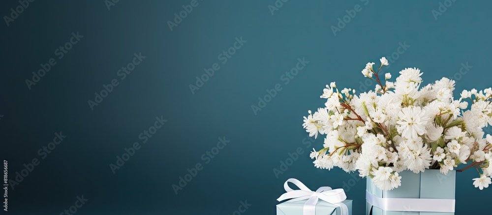 Poster a blue background sets the stage for a greeting card mockup featuring a gift and white flowers the c