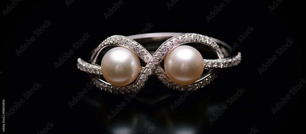 Poster Flat lay of elegant pearl rings on a black background with ample copy space image for adding text