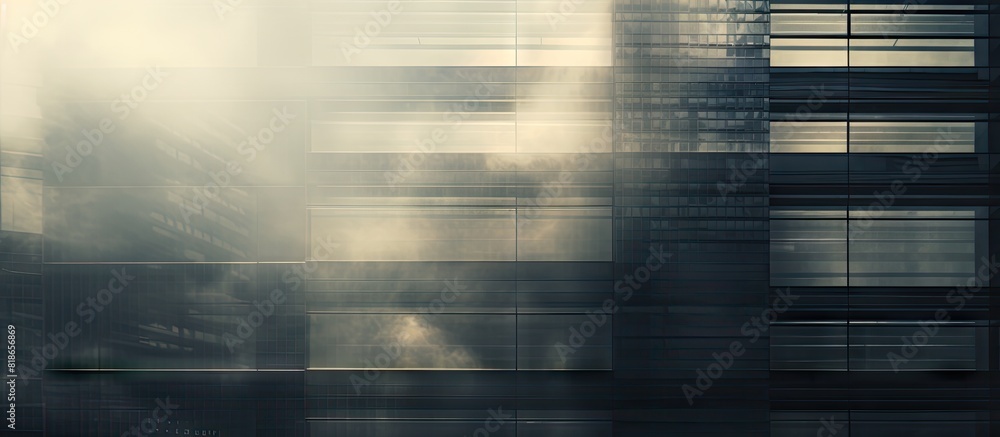 Poster close up of metal structures with windows of a high rise building in smog offering a background copy