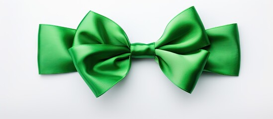 A green bow stands alone on a white background leaving empty space for an image. with copy space image. Place for adding text or design