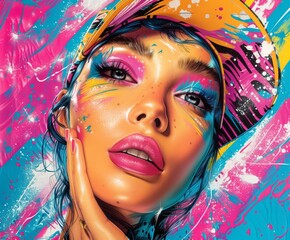 Vibrant artistic portrait of a woman with colorful paint splashes. Bold and eye-catching modern art concept illustration.