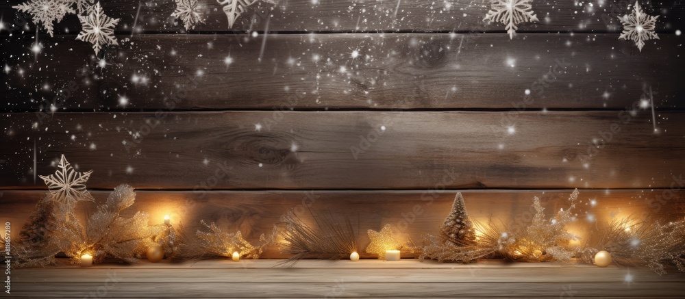 Poster a festive christmas decoration with a rustic wooden background the scene provides ample copy space f