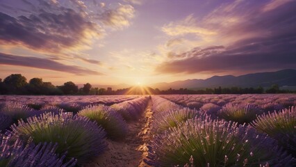 Soothing lavender field at sunset radiates serene tranquility.