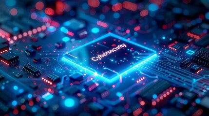 Obraz premium A detailed view of a computer chip illuminated by blue and red lights, showcasing intricate circuitry and technology. The lights create a striking contrast against the metallic components of the chip