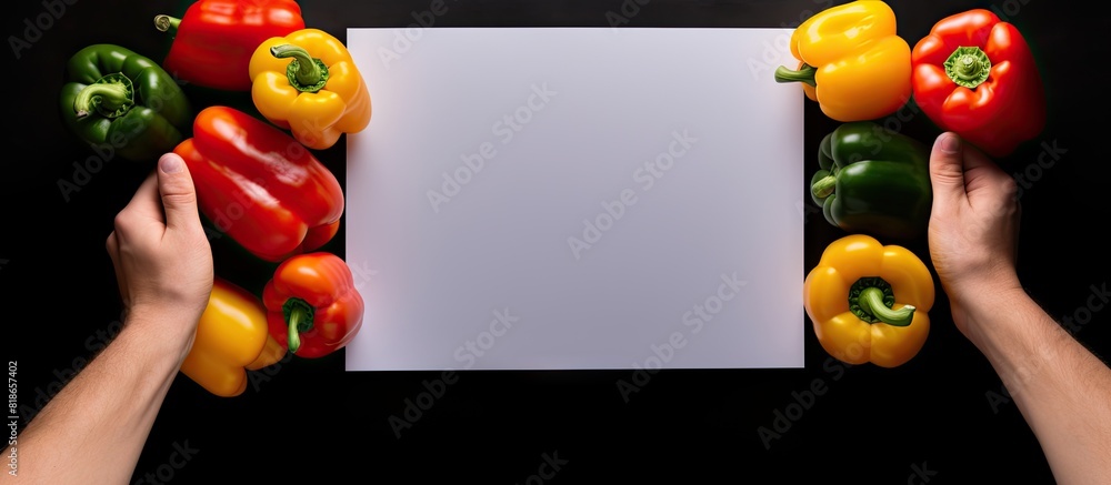 Aufkleber A copy space image of fresh bell peppers and a blank paper sheet is seen on a grey surface with a top view of a human hand