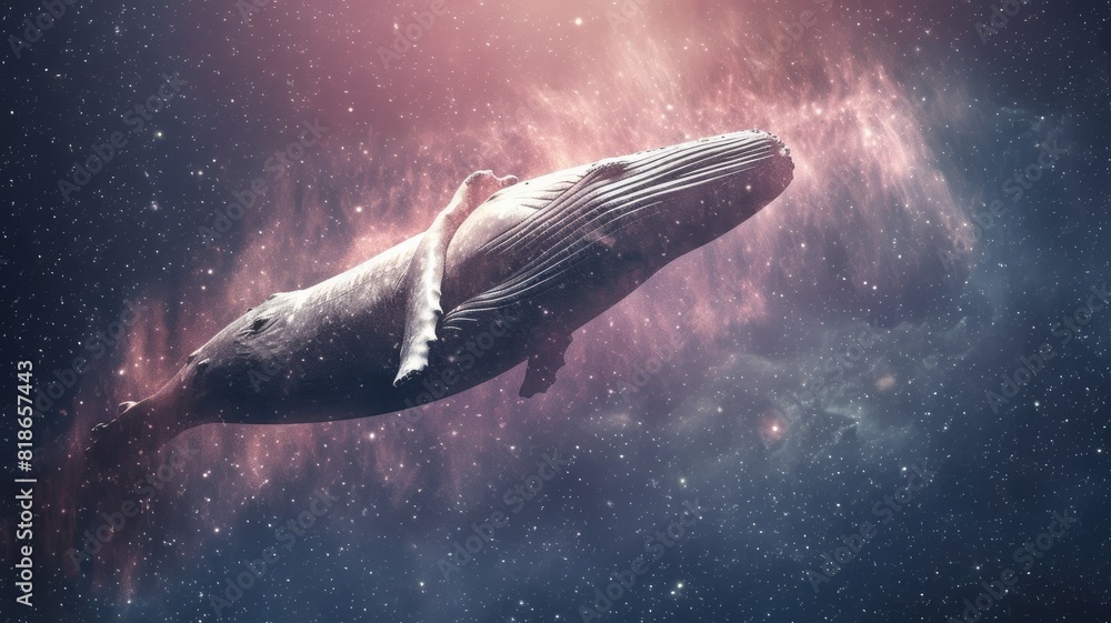 Poster surreal art design of a whale floating in space with a cosmic background and starry sky. digital art