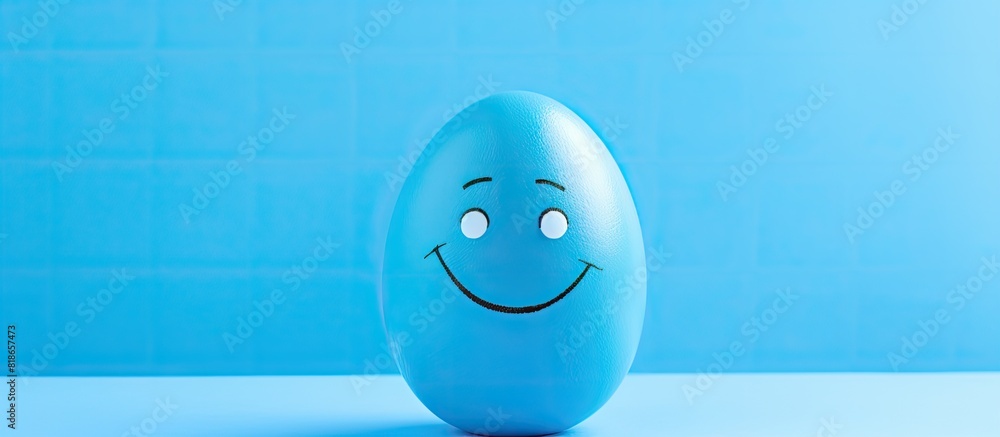 Poster the blue background provides a copy space image for the egg which is adorned with a cheerful happy f