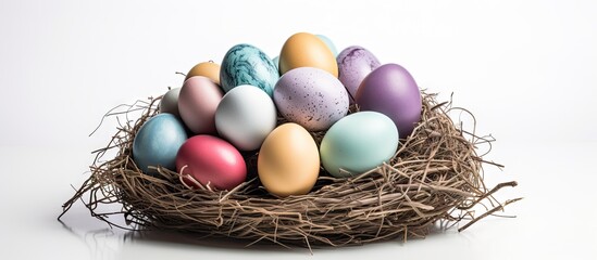 Fototapeta premium A copy space image of Easter eggs arranged in a nest against a white background capturing the essence of Easter day