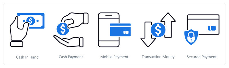 A set of 5 Shopping icons as cash in hand, cash payment, mobile payment