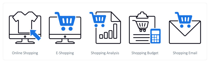 A set of 5 Shopping icons as online shopping, e-shopping, shopping analysis