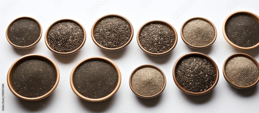 Poster a copy space image of chia seeds set against a white background