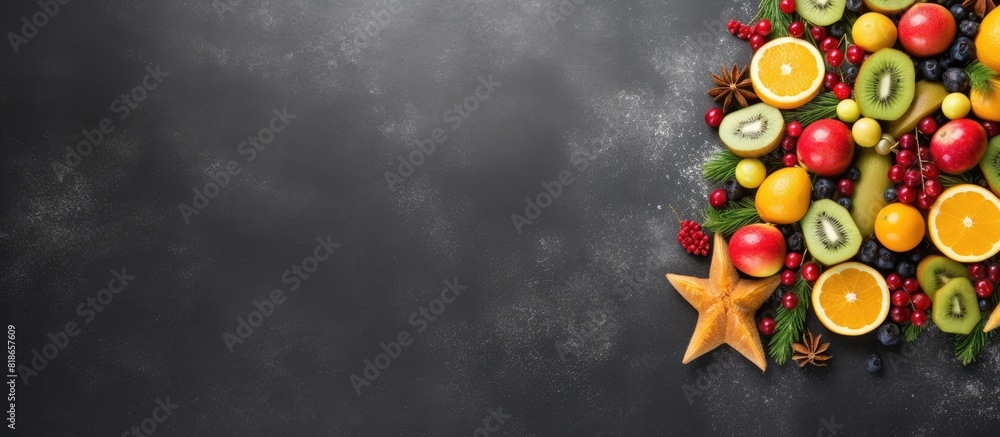 Poster Fruit Christmas tree on gray background representing New Year festivities Top view flat lay with ample space for text or images