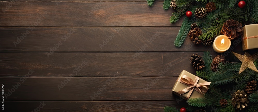 Poster top view of a christmas greeting card featuring a festive scene with a fir tree gift boxes and candl