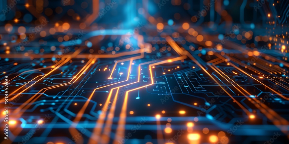 Poster computer circuit board with many lights on it and a blurry background of orange and blue lights on t