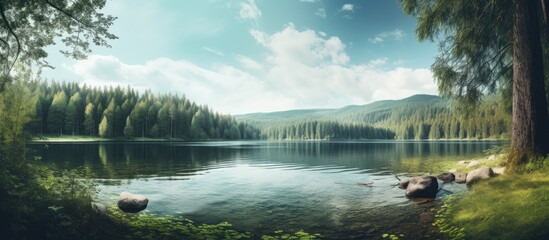 Fototapeta premium European forest lake with a picturesque landscape as seen in the copy space image