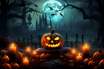 Halloween pumpkin head jack lantern with burning candles, Spooky Forest with a full moon and wooden table, Pumpkins In Graveyard In The Spooky Night - Halloween Backdrop.
