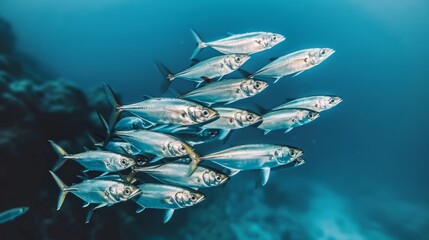 Fototapeta premium Underwater close up photography high quality image of a school of sardines in clear light