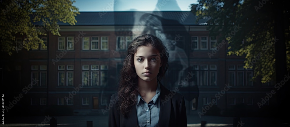 Aufkleber a portrait of a female with a closed school in the background creating a copy space image