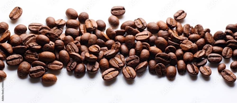 Poster the macro image of isolated roasted coffee beans against a white background offers a textured backdr