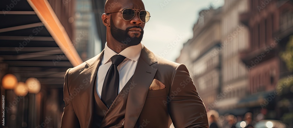 Poster an elegant bald black man entrepreneur sporting a well groomed beard stands on a paved street in a t