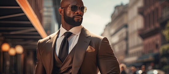An elegant bald black man entrepreneur sporting a well groomed beard stands on a paved street in a tailored chestnut suit basking in the warmth of a sunny day. with copy space image