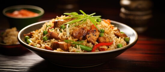 A delicious Asian dish consisting of stir fried rice combined with tender pork beautifully presented in a copy space image