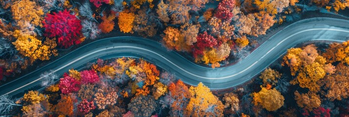 Autumn Forest Road Aerial View for Travel and Adventure Generative AI